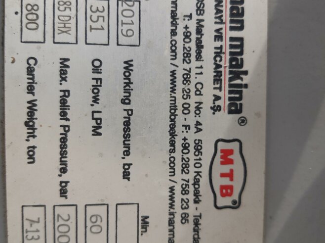 Inan Makina Hydraulikhammer MTB85DHX